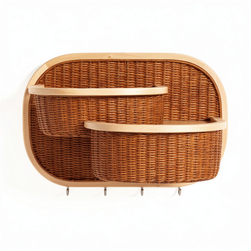 Wandplank met twee rotan manden en haken in natuurlijke kleur 30 x 20 x 10cm