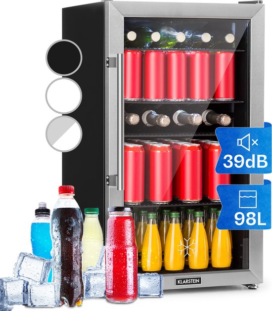 Klarstein Drankkoeler minikoelkast met glazen deur, minikoelkast voor op de kamer, kleine met verstelbare schappen, kleine koelkast van 98 liter, stille koelkast voor binnen en buiten - Drankkoelkast Drankenkoelkast - Touch - RVS