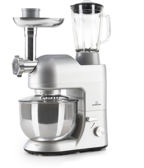 Klarstein Blender Knetmaschine keukenmachine met Fleischwolf, 2000W Teigmaschine klein, 6 standen, Schneebesen - Knethaken, planetair , roermachine met Mixer, keukenmachines met 5L kom - 1800W 5,2L - voor Keuken - RVS - Standmixer