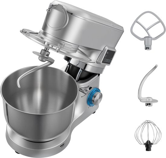 Merkloos / Sans marque Standmixer met Een Capaciteit van 5,7 L, 1500 W Elektrische Keukenmixer, 6+P Snelheden, Kantelbaar Ontwerp, Inclusief 1,5 L Blenderbeker, Roestvrijstalen Kom, Deeghaak, Garde en Klopper voor Bakken en Mixen, Zilver