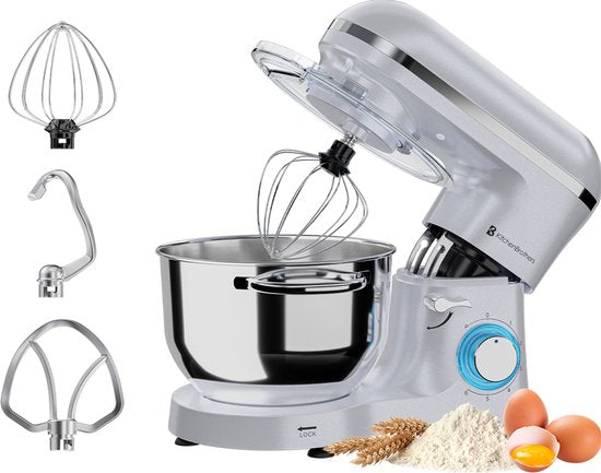 KitchenBrothers 2000W Keukenmachine - Keukenrobot - 6,2L - Mixer met Mengkom - Keukenmixer - Parelwit(Wit, Parelwit)
