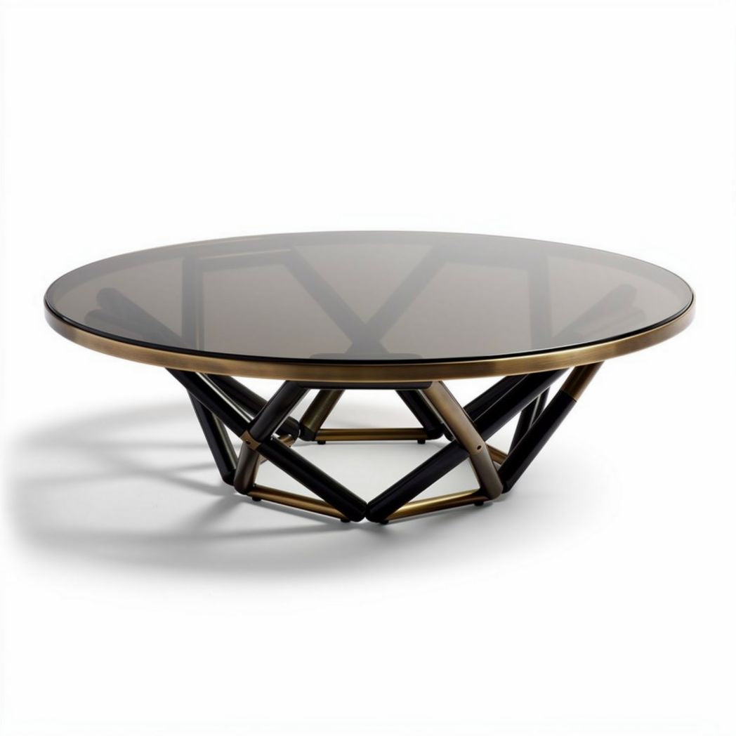 Glazen salontafel met zwarte en gouden metalen basis 100 x 100 x 40cm