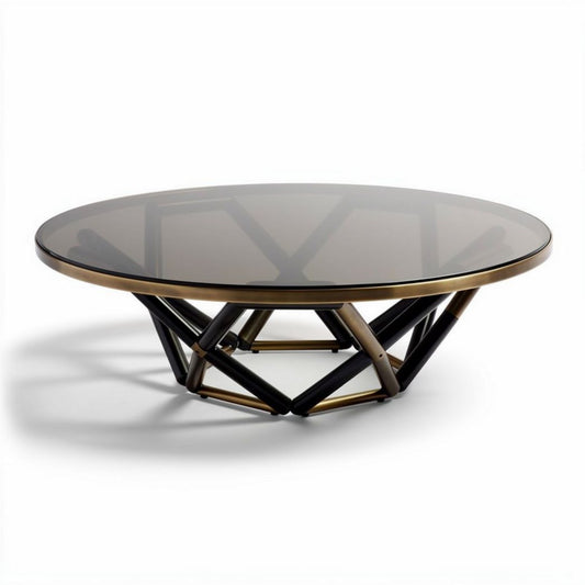 Glazen salontafel met zwarte en gouden metalen basis 100 x 100 x 40cm