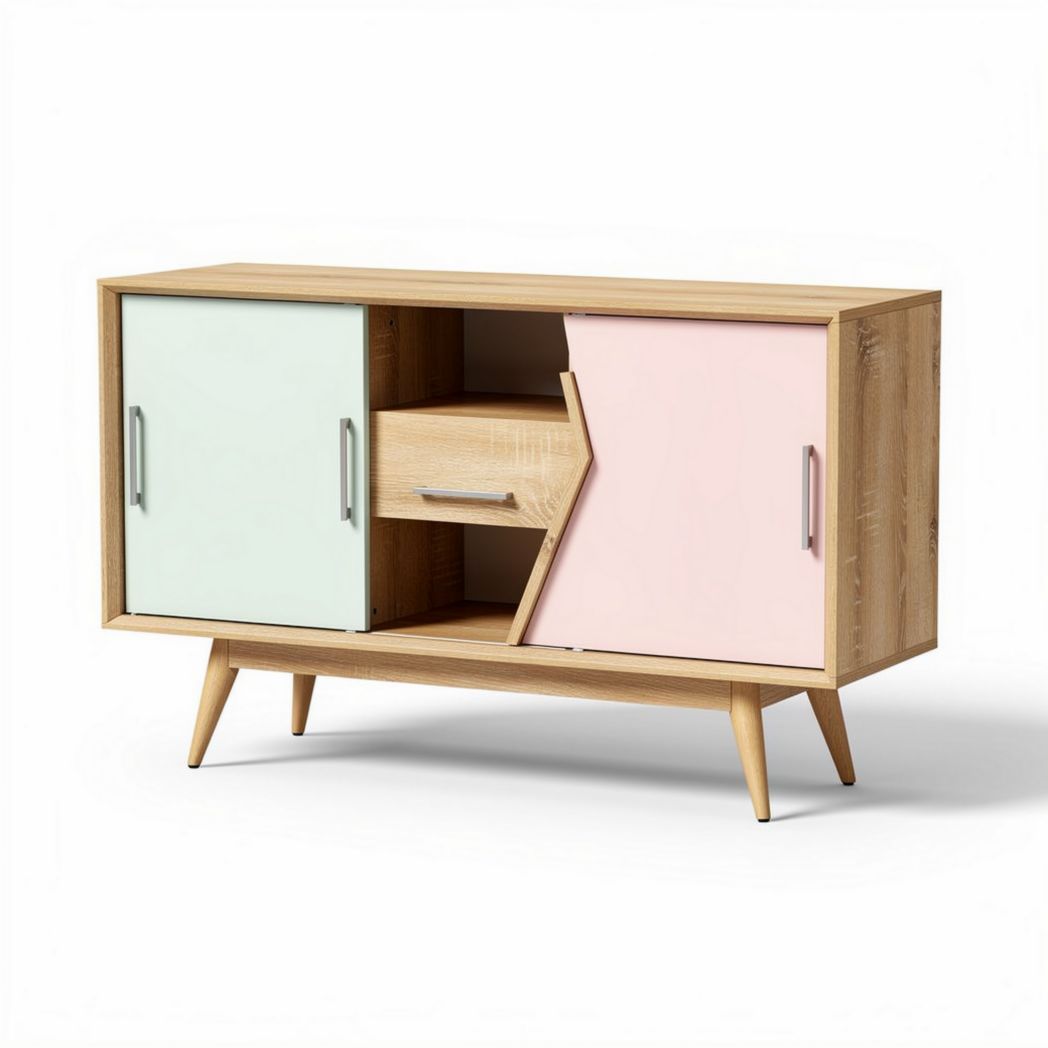 Kast van hout met lades en deurtjes in pastelkleuren 120 x 40 x 80cm
