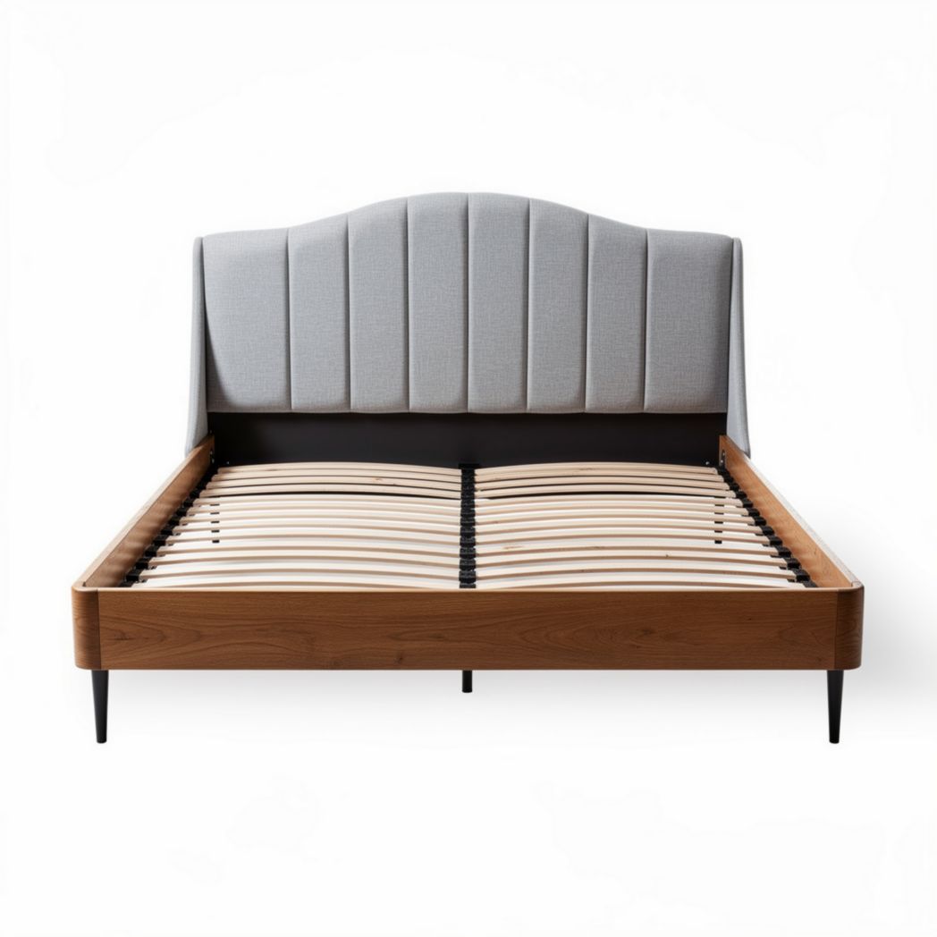 Bedframe met gestoffeerde hoofdbord van grijs textiel en houten frame 200 x 160 x 100cm