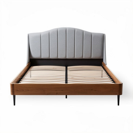 Bedframe met gestoffeerde hoofdbord van grijs textiel en houten frame 200 x 160 x 100cm