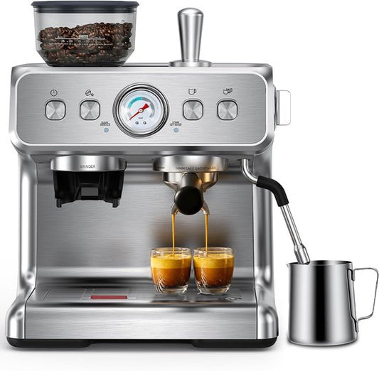 Oloey COWSAR Espressomachine met geïntegreerde conische maler - 30 maalstanden - PID-temperatuurregeling - drukmeter - roestvrijstalen espressomachine met kopjeswarmer - voor latte macchiato - cappuccino en espresso