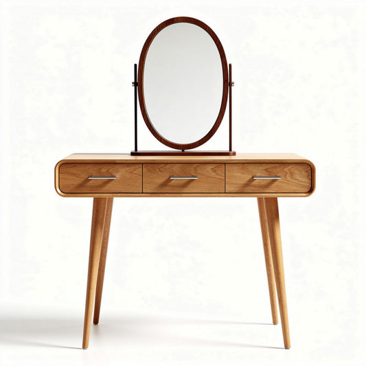 kaptafel met ovale spiegel en drie lades van kunststof 90 x 40 x 75cm