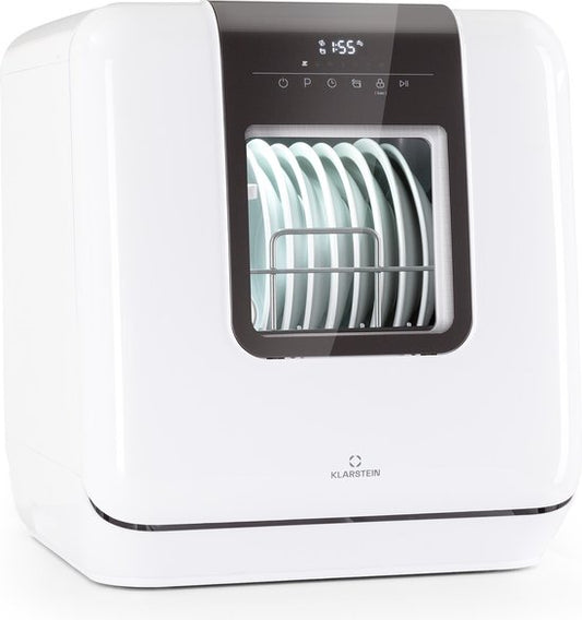 Klarstein Vaatwasser mini- voor 3 couverts, stille inbouwvaatwasser, compact met 7 wasprogramma's, kleine tafelmodel vaatwasser voor thuis, kantoor, camping, mini-vaatwasser met wateraansluiting - 6L 42 cm - Touch Vrijstaand