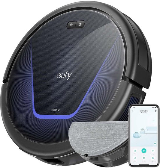 Eufy eufy G50 Hybride Robotstofzuiger met 4.000Pa Sterke Zuigkracht - Dynamische Navigatie - Proontwarrende Kam - Rolborstel - Dweilpad voor Lichte Oppervlakte Reiniging - Ideaal voor Huisdierhaar, Harde Vloeren en Tapijt(G50/Zwart， accessories)