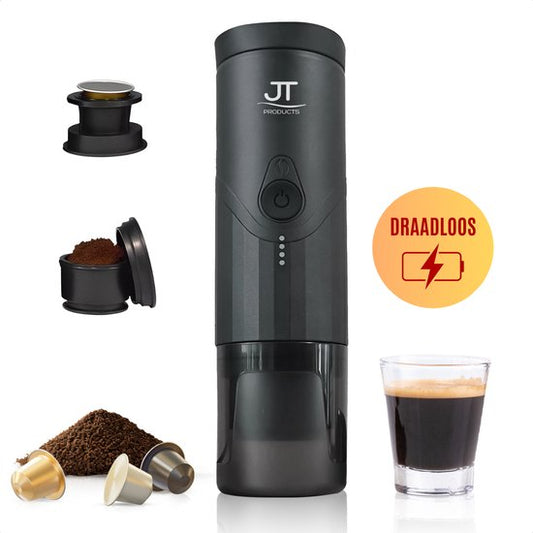 JT Products Draagbare 2 In 1 Espressomachine Zwart - Oplaadbaar - Capsules En Gemalen Koffie - Warmt Op - Koffiemaker - Nespresso - Draagbare Koffiemachine - Reis En Camping Koffiezetapparaat - Maatje(Zwart)