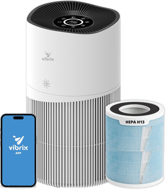 Vibrix PureFlow70 Luchtreiniger / Air Purifier – HEPA H13 + koolstoffilter – 468 m³/u – Voor kamers tot ca. 70 m² – Ionisator – App-bediening – Zeer stil met slaapstand – Luchtkwaliteitindicator