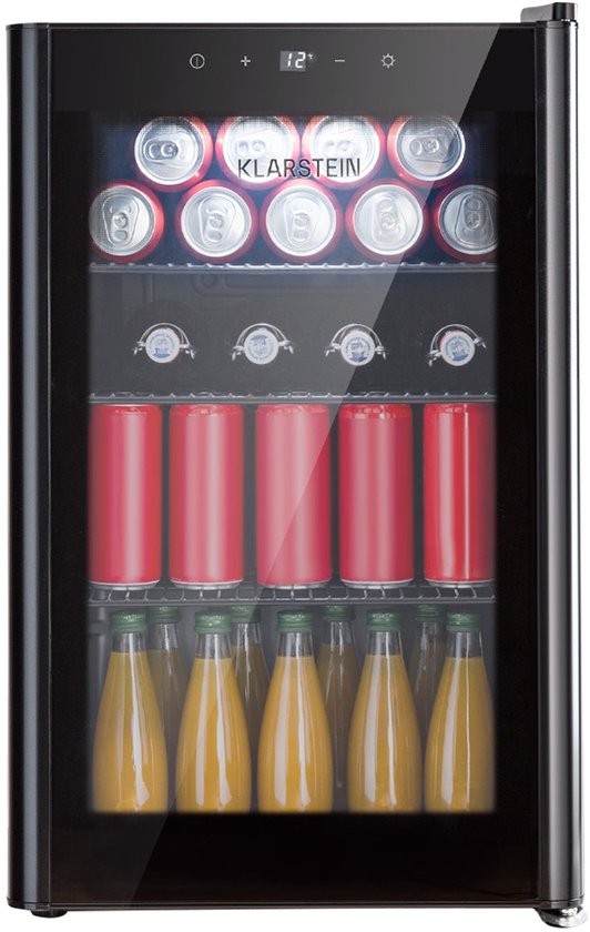 Klarstein Mini koelkast - Glazen deur - LED Verlichting - 3 Planken - 70 liter - Binnen/Buiten - 0-10°C - Zwart - Compact - Touch - Mini Fridge Kleine Koelkast Hotelkoelkast Drankkoeler Compact Koelkast