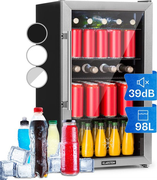Klarstein Drankkoeler minikoelkast met glazen deur, minikoelkast voor op de kamer, kleine met verstelbare schappen, kleine koelkast van 98 liter, stille koelkast voor binnen en buiten - Drankkoelkast Drankenkoelkast - Touch - RVS