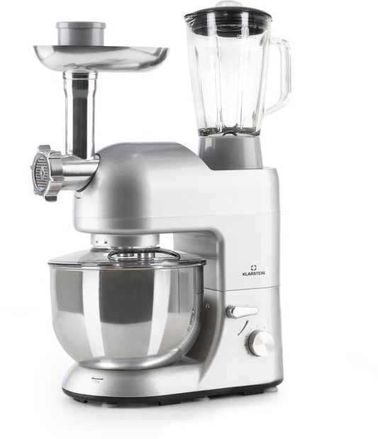 Klarstein Blender Knetmaschine keukenmachine met Fleischwolf, 2000W Teigmaschine klein, 6 standen, Schneebesen -  Knethaken, planetair , roermachine met Mixer, keukenmachines met 5L kom - 1800W 5,2L - voor Keuken - RVS - Standmixer