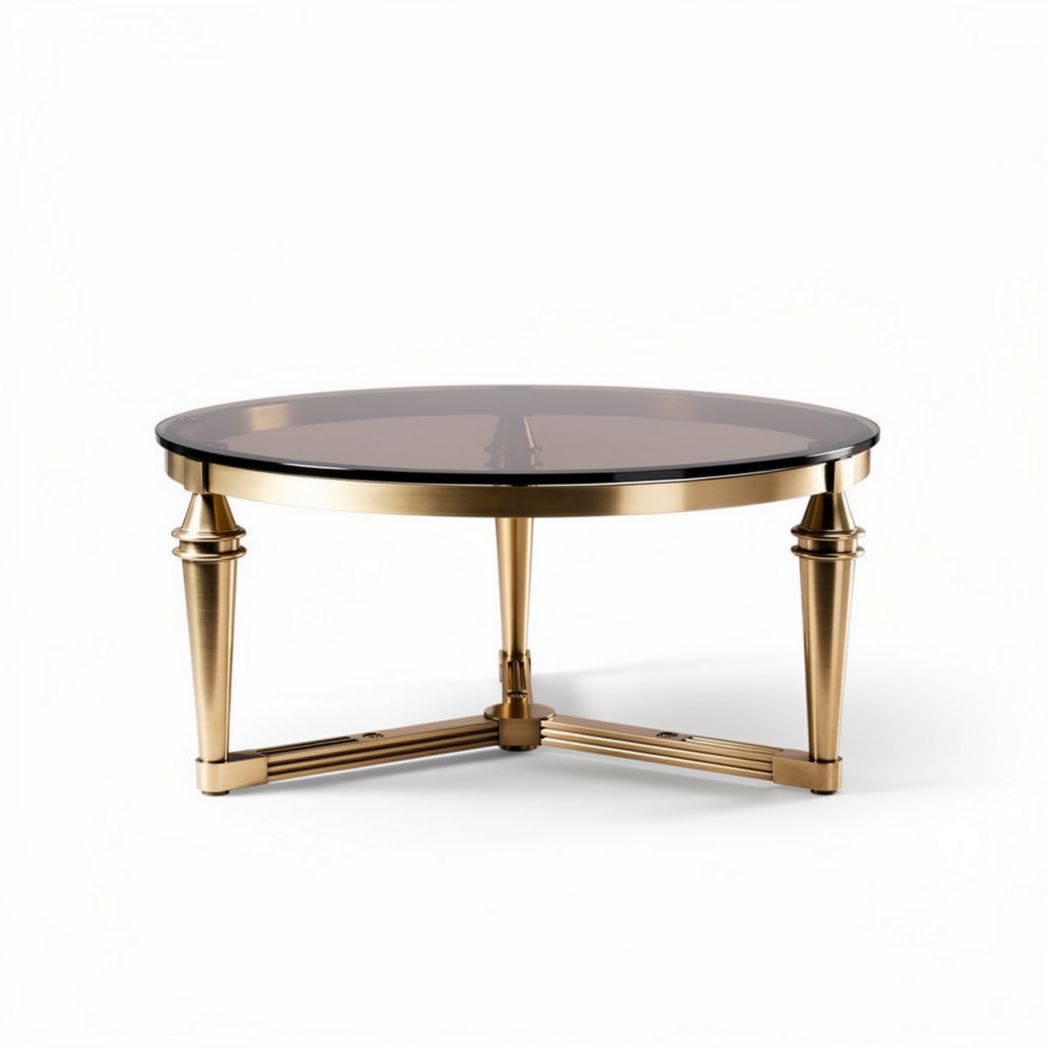 Ronde salontafel met een glazen blad van zwart glas en gouden voet van 80 x 80 x 40cm