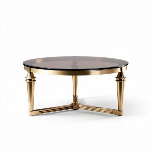 Ronde salontafel met een glazen blad van zwart glas en gouden voet van 80 x 80 x 40cm