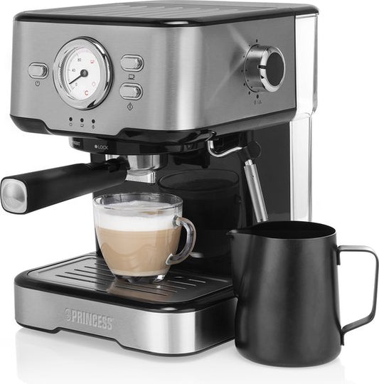 Princess 249415 Koffiezetapparaat - Koffiemachine - Espresso - Voor Gemalen Koffie  ESE-adapter - Melkopschuimer(Zilver)