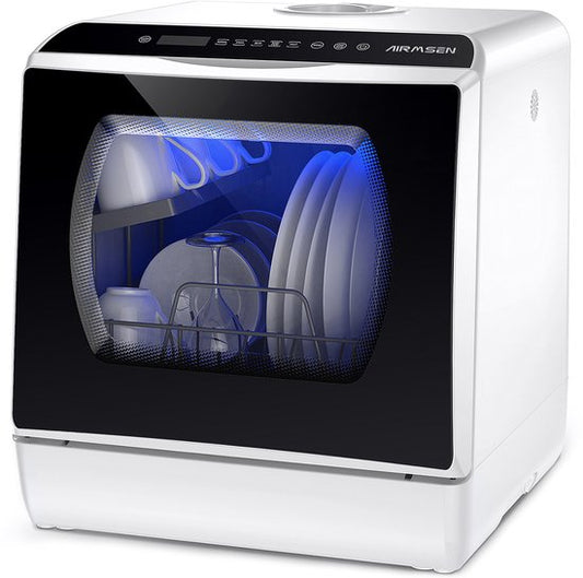 AIRMSEN Mini Vaatwasser - Met 5L Watertank - Zonder Vaste Wateraansluiting - 5+1 Programma's - 4 Couverts - Vrijstaande Afwasmachine - Wit/Zwart
