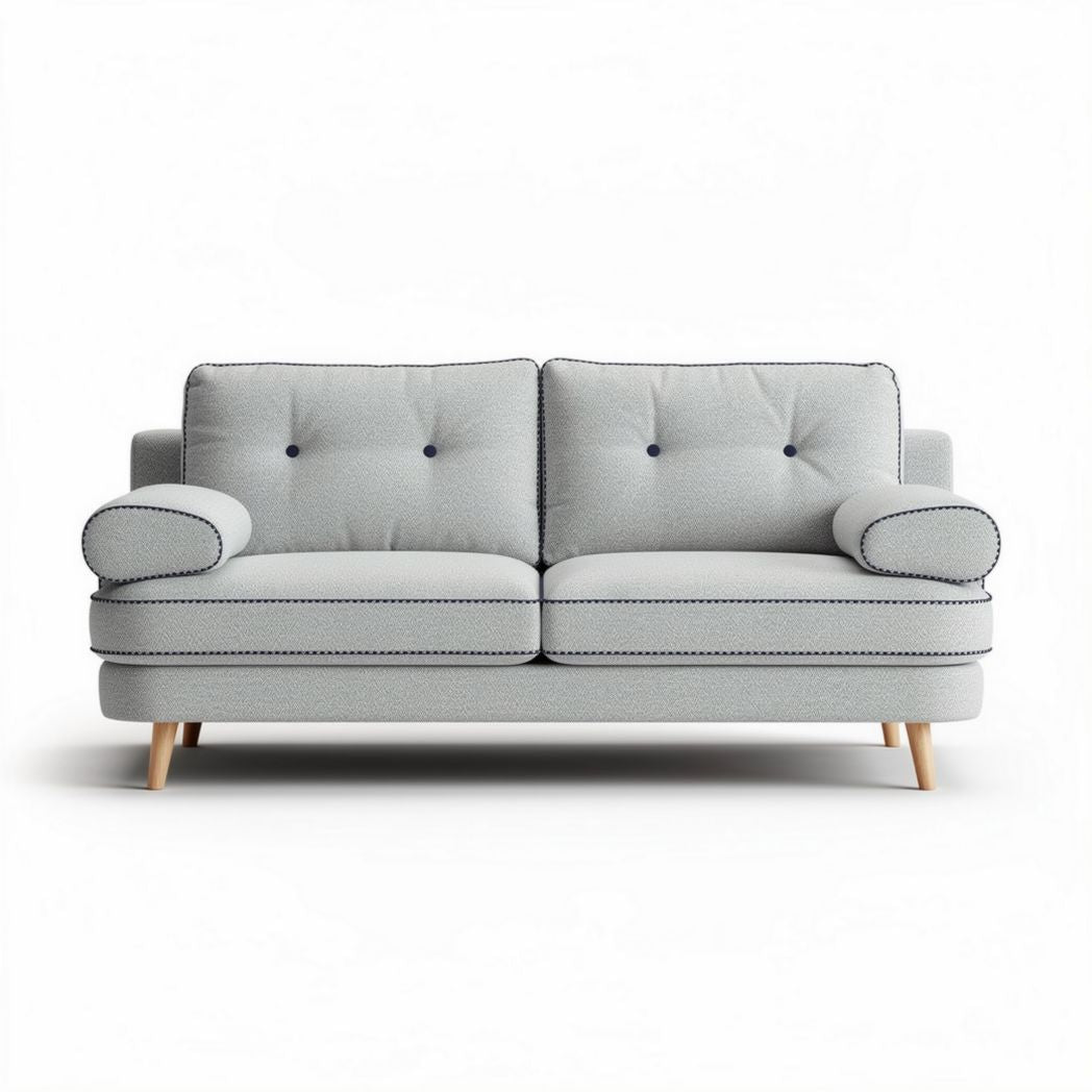 Grijs stoffen bank met knopen en houten poten 180 x 90 x 85cm