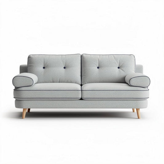 Grijs stoffen bank met knopen en houten poten 180 x 90 x 85cm