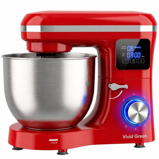Vivid Green 2000W Keukenmixer - Timer  Automatische Stop - Geschikt voor Zwaar Deeg - 6,2L Mengkom - Keukenmachine - Keukenrobot - Rood(Rood)