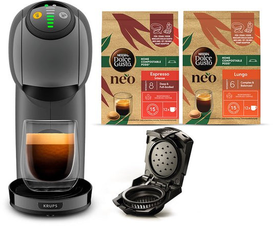 Krups Dolce Gusto Genio S YY5895FD – Capsule Koffiemachine – 15 bar – Grijs – Zonder melkopschuimer – Bundle 2x NEO Espresso Lungo + NEO Capsule Adapter(Grijs， Neo Pod Adapter)