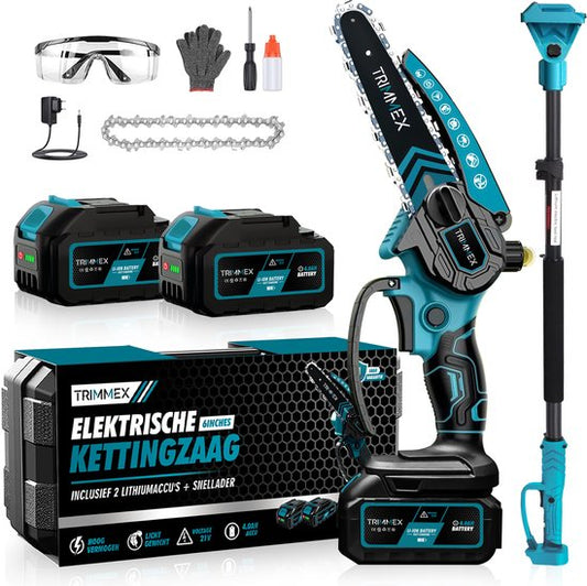 Trimmex® Mini kettingzaag + Telescopische steel - Inclusief 2 Led-Accu's - 2X 4000mAh - Elektrisch Handkettingzaag - Snoeizaag - Takkenzaag - Handzaag - Boomzaag - Automatische Kettingsmering - Brushless(152)