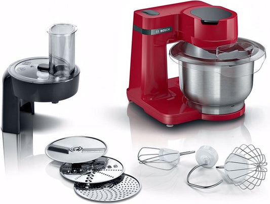 Bosch MUM Serie 2 - MUMS2ER01 - Keukenmachine - 700W - 3,8L - 3 Snijschijven - Rood(Rood， RVS/Kloppers/garde， Kneedhaak， Snij- en raspschijven)