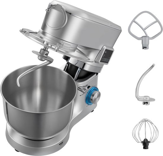Merkloos / Sans marque Standmixer met Een Capaciteit van 5,7 L, 1500 W Elektrische Keukenmixer, 6+P Snelheden, Kantelbaar Ontwerp, Inclusief 1,5 L Blenderbeker, Roestvrijstalen Kom, Deeghaak, Garde en Klopper voor Bakken en Mixen, Zilver