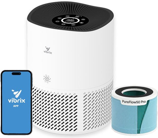 Vibrix PureFlow50 Luchtreiniger / Air Purifier – HEPA H13 + koolstoffilter – 350 m³/u – Voor kamers tot ca. 50 m² – Ionisator – App-bediening – Zeer stil met slaapstand – Luchtkwaliteitindicator