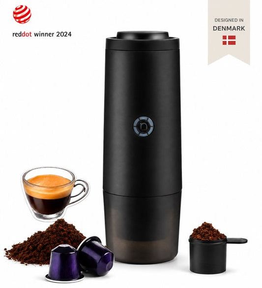 Nomious PrimeBrew Draagbare Espressomachine – Zelfverwarmend – 20 Bar – Oplaadbaar – Koffiezetapparaat voor Onderweg, Camping  Reizen – Geschikt voor Nespresso® Capsules  Gemalen Koffie(ZWART)