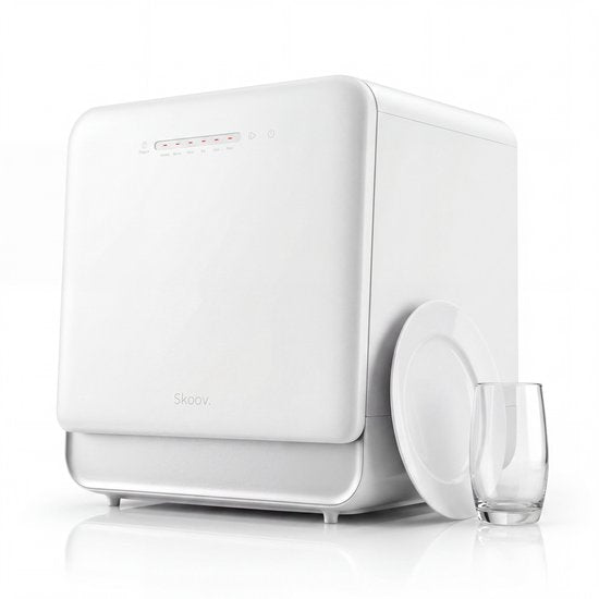 Skoov Mini Vaatwasser met waterreservoir - 3 couverts - 6 wasprogramma's - Extra stil - Kleine smalle vrijstaande afwasmachine - Camping - Wit(Wit dicht)