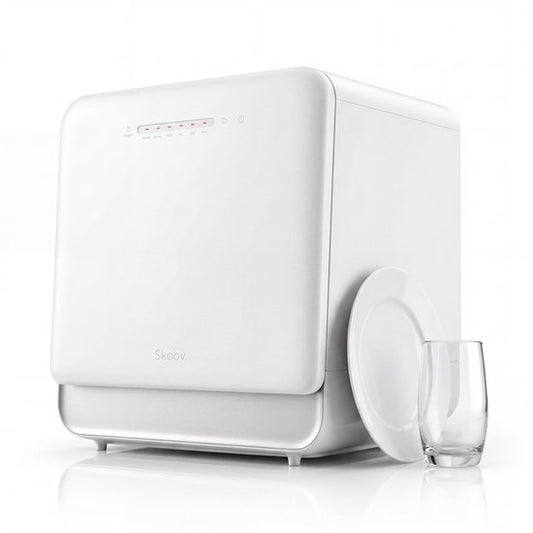Skoov Mini Vaatwasser met waterreservoir - 3 couverts - 6 wasprogramma's - Extra stil - Kleine smalle vrijstaande afwasmachine - Camping - Wit(Wit dicht)