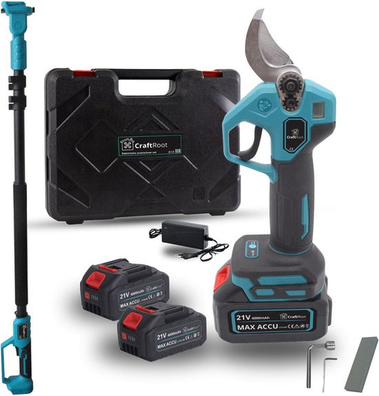 CraftRoot Elektrische Snoeischaar Incl. Opbergkoffer + Telescopische Verlengstok – tot 270cm Bereik en 2X 4.0Ah Accu’s- Professionele Draadloze Heggenschaar - 32mm Snijdiameter - Elektrische Takkenschaar - Tuin Snoei Schaar voor Heggen  Takken(33 mm)