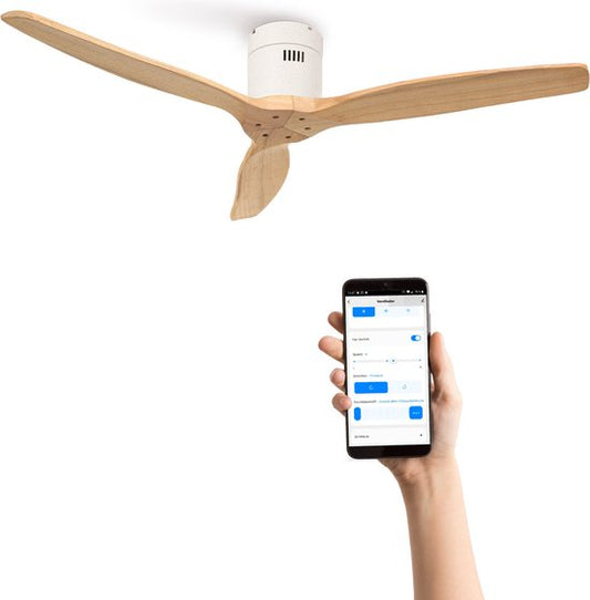 ‎CREATE CREATE - Plafondventilator 40W silent Ø132 cm - Met Wifi - Met Afstandsbediening - 6 Snelheden - Timer - Zomer/Winter functie - Wit - WIND CALM(Naturel Hout + Geen Licht + Wifi)