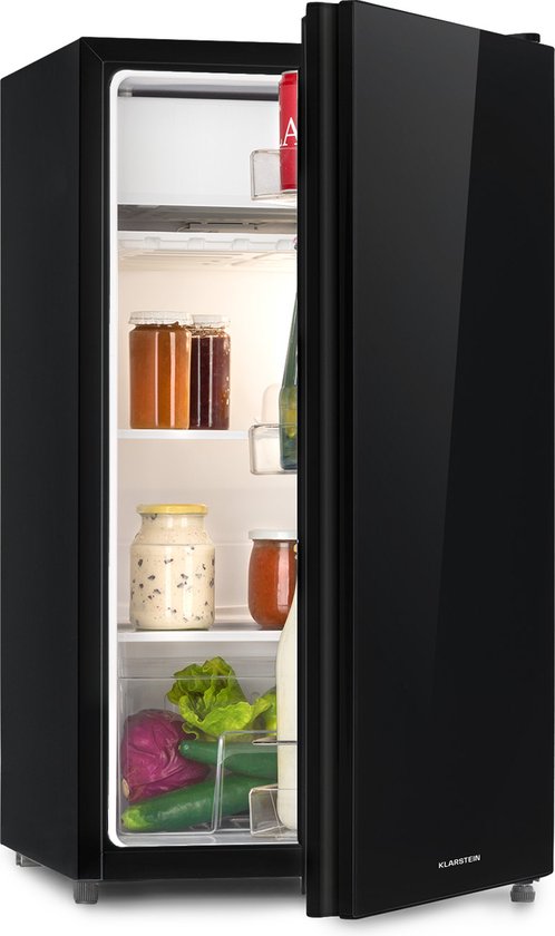 Klarstein Koelkast Luminance Frost - Capaciteit: 91 Liter - Energie-efficiëntieklasse E - Crispvak - 2 Glazen schappen - 3 Deurvakken - Temperatuurinstelling: 7 Standen - Zwart - voor Keuken - Compact - Mini Fridge - Compact Koelkast